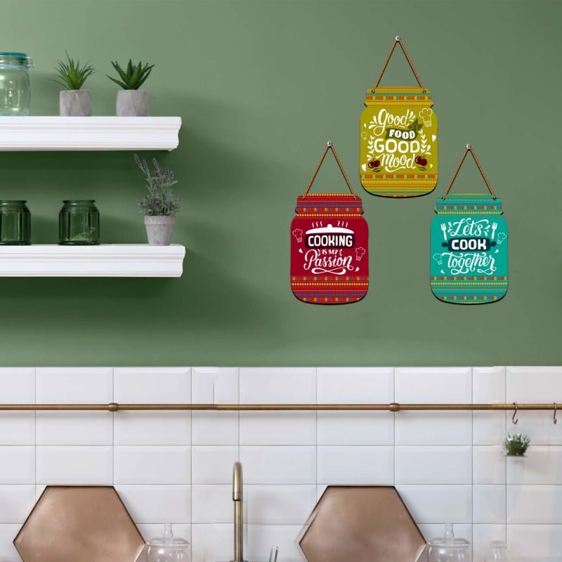 Mason Jar Shape Kitchen Wall Decor Set of 3 Wooden Hanging with Inspirational Quotes